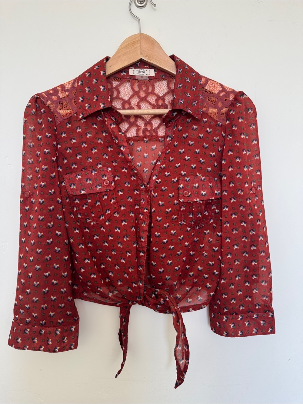 Modcloth Rust Red Floral Tie-Front Blouse